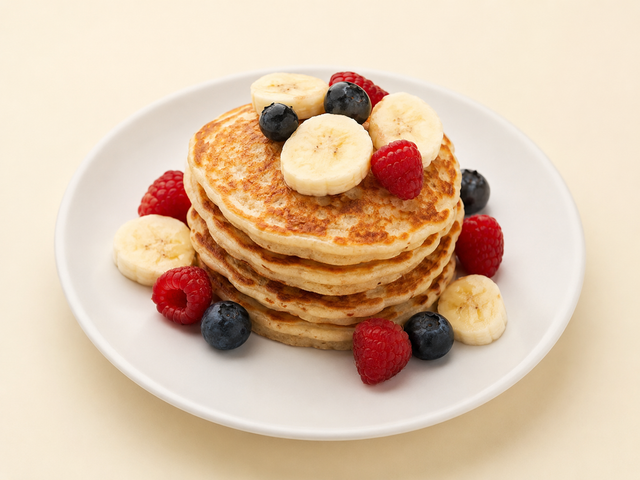 Torre di pancake proteici con frutti di bosco