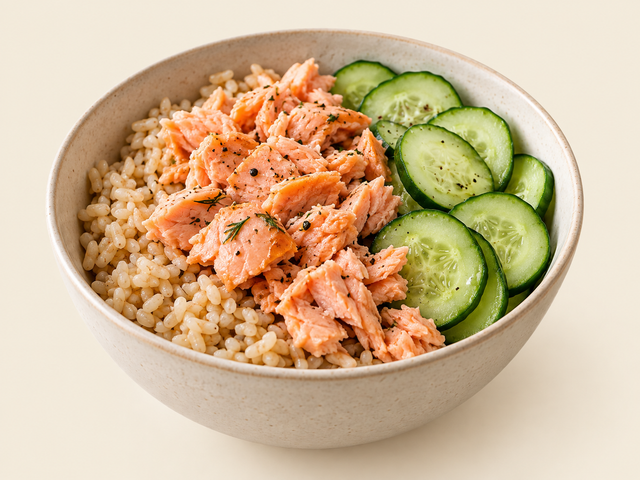 Bowl di riso integrale, salmone e cetriolo