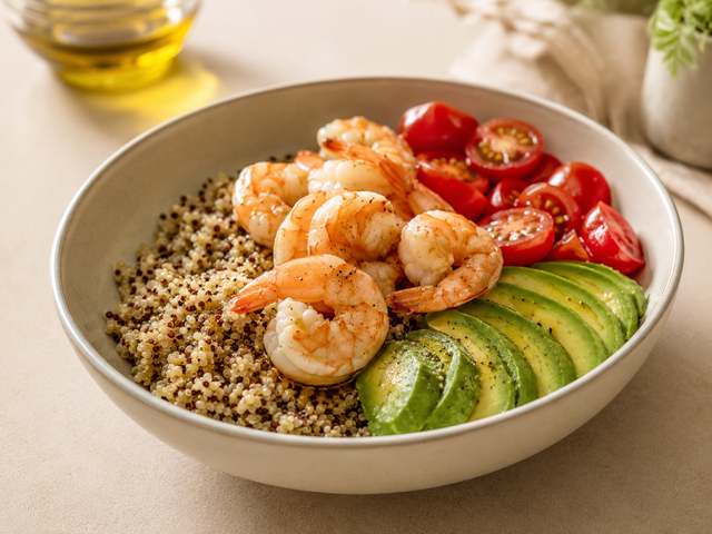 Bowl di quinoa, gamberi e avocado — foto in arrivo