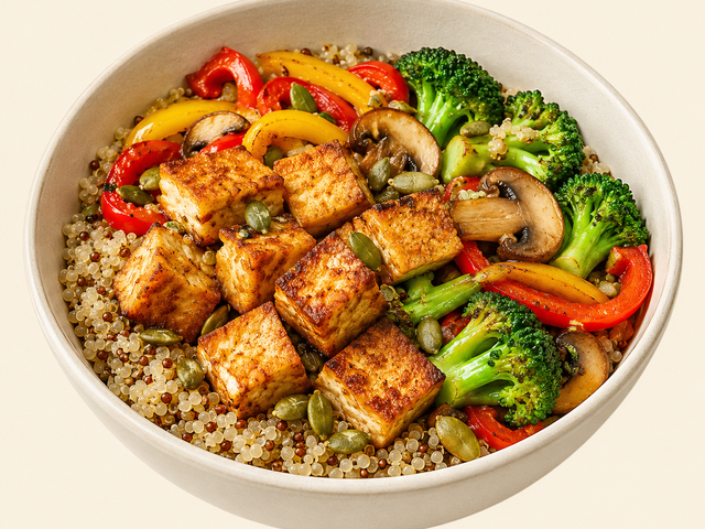 Ciotola di quinoa, tofu croccante e verdure saltate