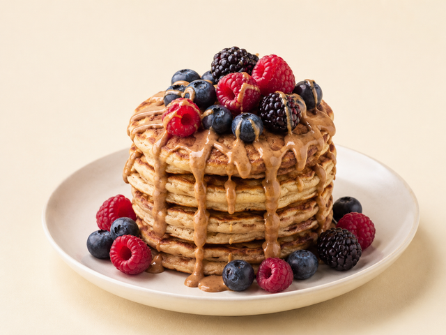 Pancake proteici con frutti di bosco e burro di arachidi — foto
