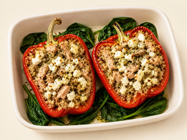 Peperoni ripieni di quinoa, tonno e feta al forno