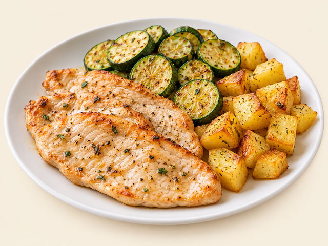 Petto di tacchino con zucchine e patate al forno