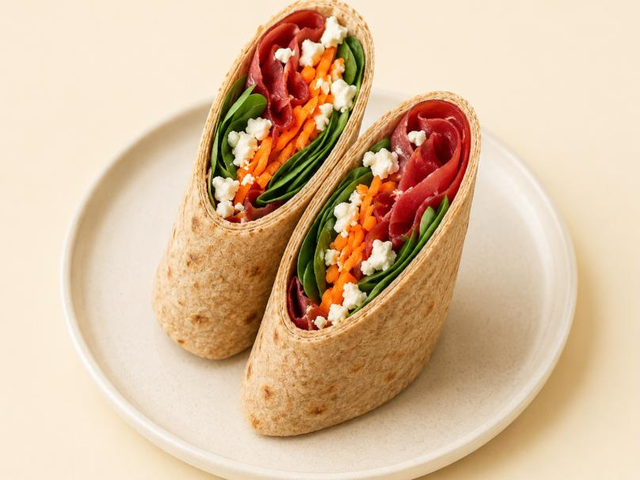 Wrap integrale con bresaola, feta e verdure croccanti