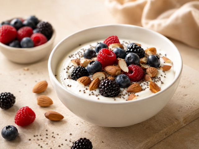 Yogurt greco con frutti di bosco e mandorle — foto in arrivo