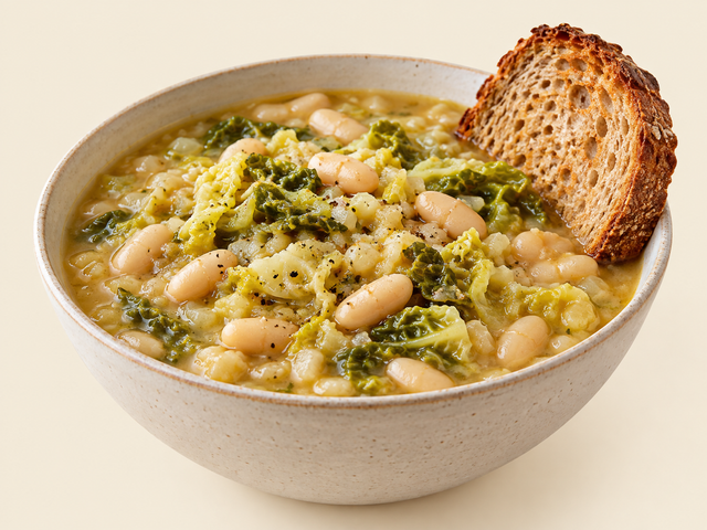 Zuppa di fagioli cannellini e verza con pane tostato